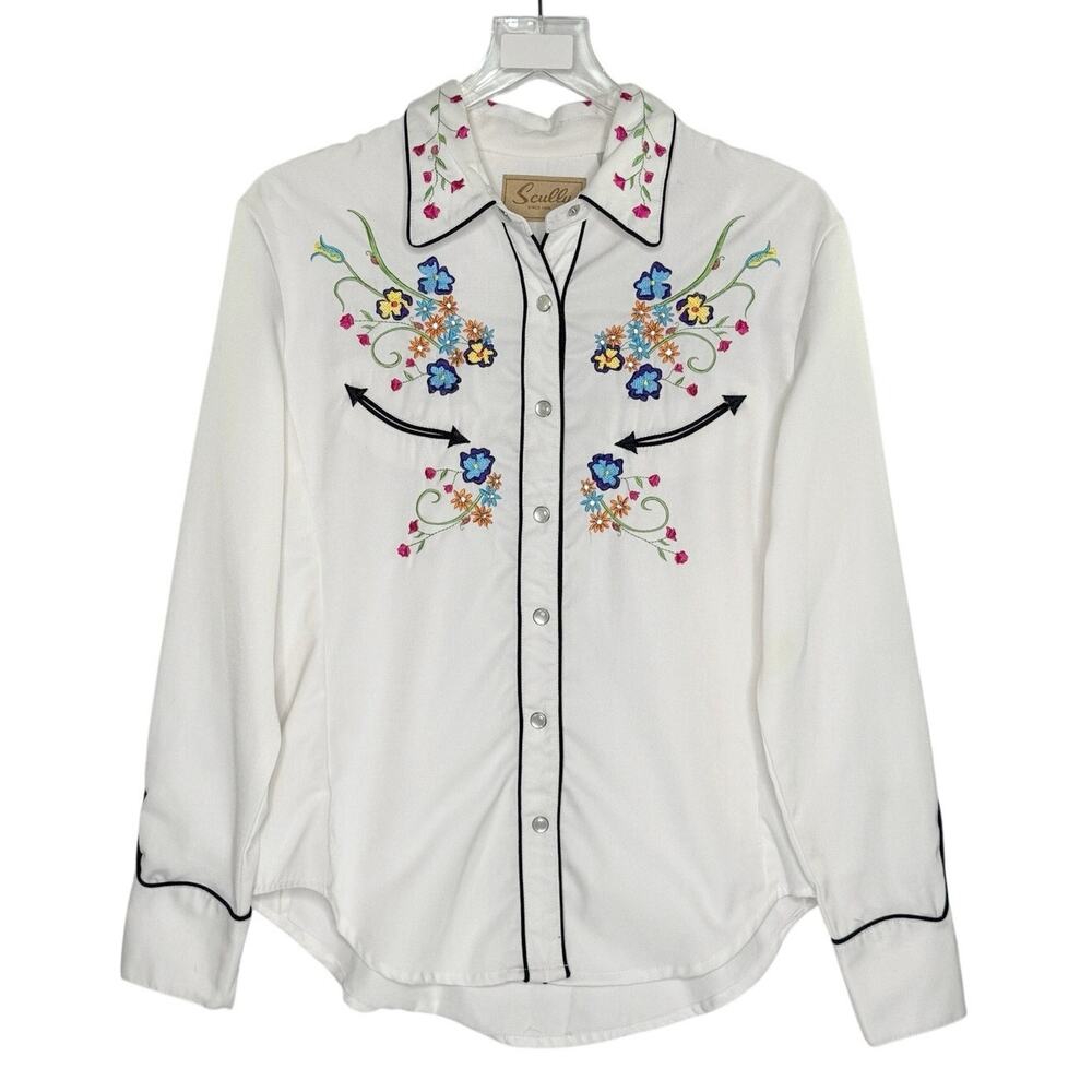 Scully White Floral Embroidered Western Shirt M Rockabilly Pearl Snap Rodeo